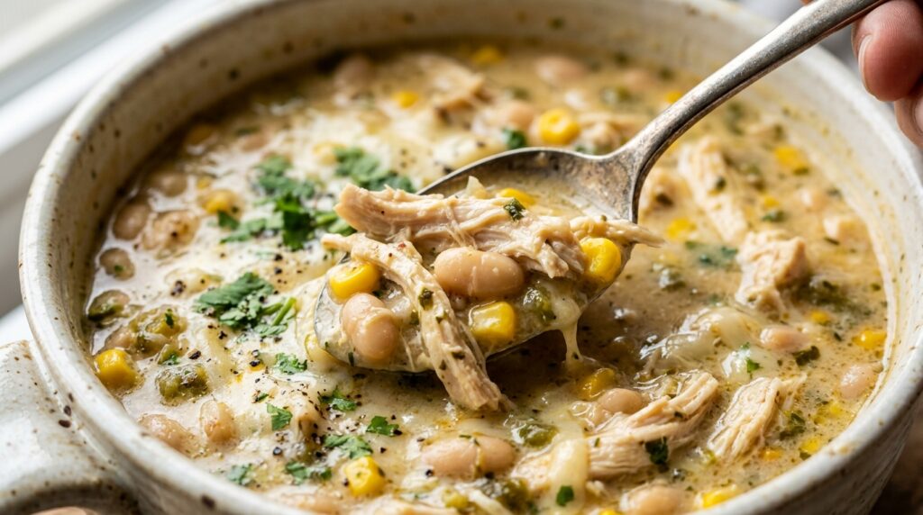 Ultra close-up macro spoon lifting rich creamy white chicken chili with tender shredded chicken and white cannellini beans