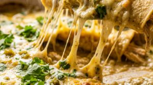 Ultra close-up macro of piping hot creamy white chicken enchilada with bubbly melted Monterey jack cheese and sour cream green chile sauce