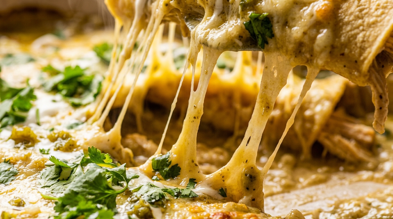 Ultra close-up macro of piping hot creamy white chicken enchilada with bubbly melted Monterey jack cheese and sour cream green chile sauce