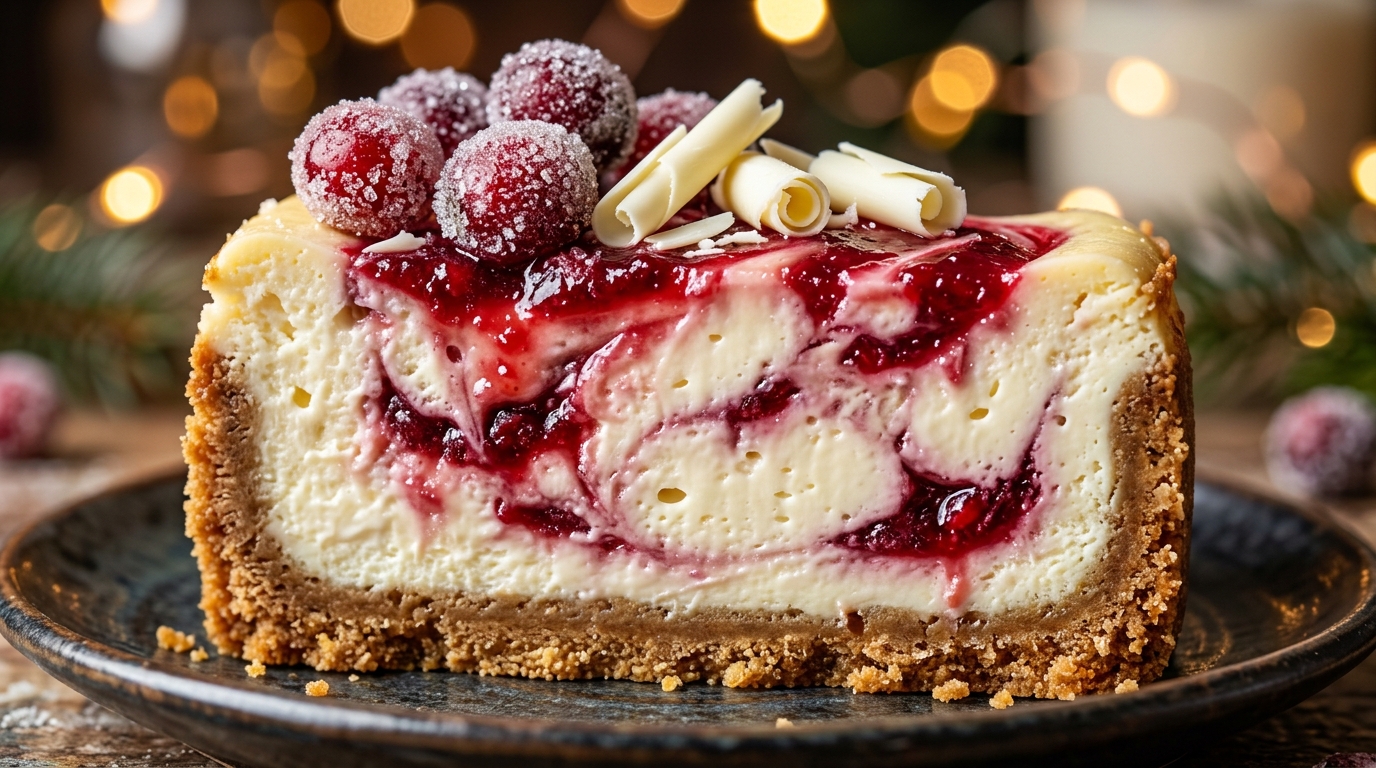 Ultra close-up macro slice of decadent white chocolate cranberry swirl cheesecake with graham cracker crust and sparkling cranberries