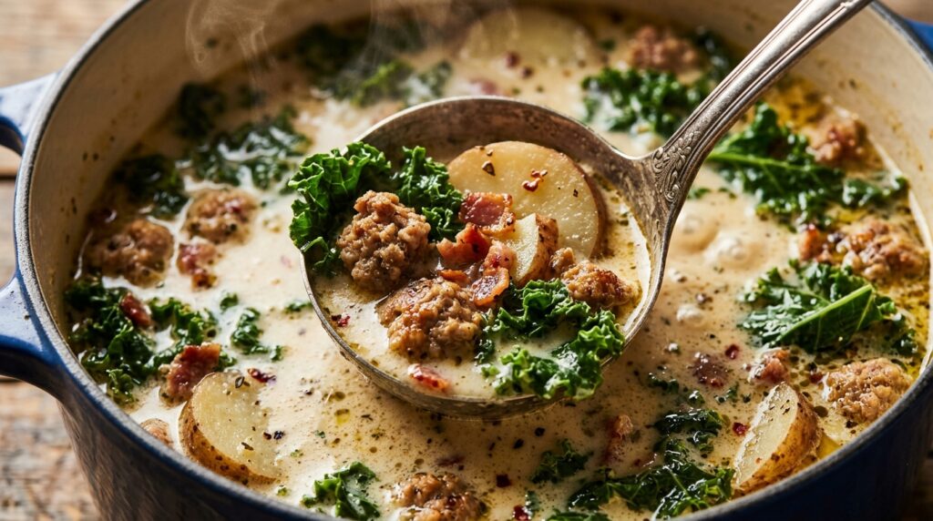 Ultra close-up macro of a vintage ladle scooping creamy halal Zuppa Toscana with tender potatoes, halal sausage crumbles, and vibrant kale