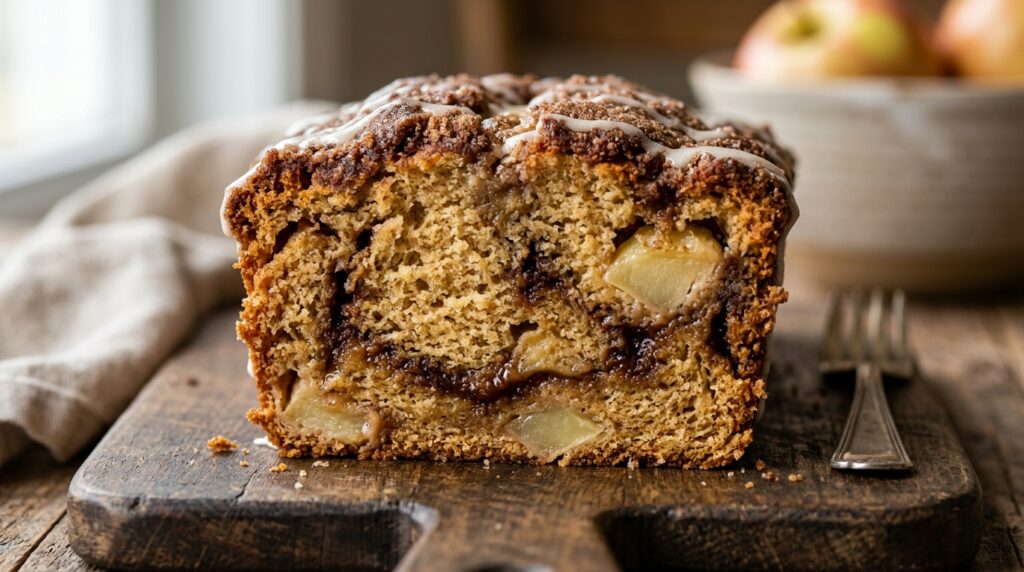 Ultra close-up macro of moist cinnamon apple bread sliced with dark brown sugar cinnamon swirl