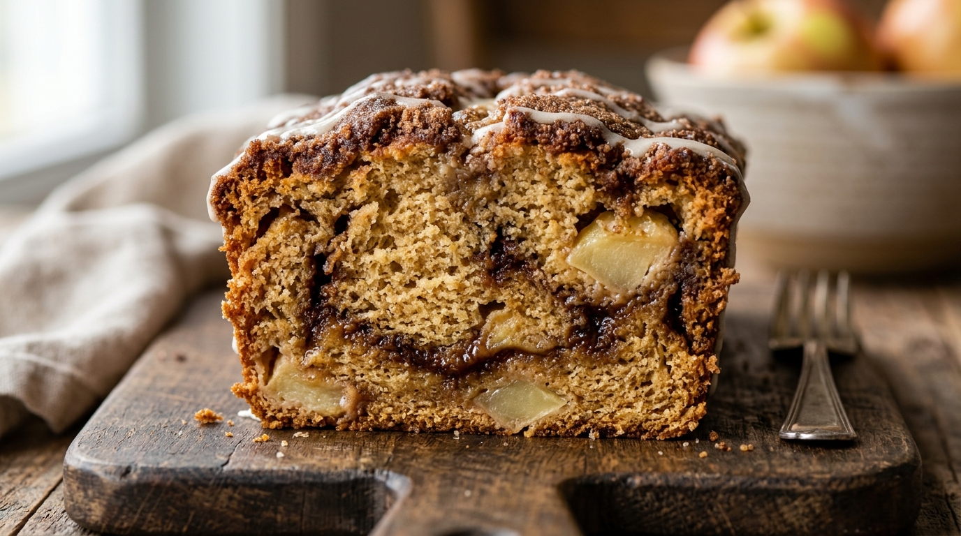 Ultra close-up macro of moist cinnamon apple bread sliced with dark brown sugar cinnamon swirl