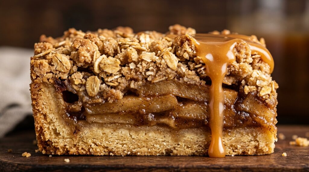 Ultra close-up macro of sliced caramel drizzled apple crisp bars showing golden shortbread crust, spiced apple layer, and crunchy streusel