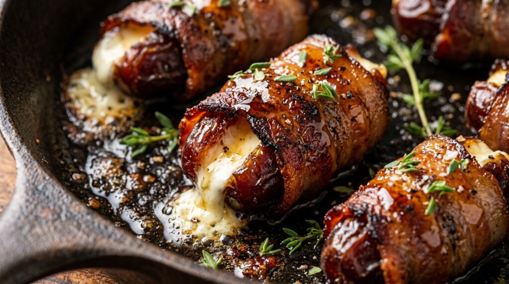 Ultra close-up macro of sizzling crispy Halal beef bacon wrapped medjool dates stuffed with molten goat cheese