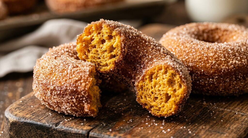 Ultra close-up macro of fluffy cinnamon sugar baked pumpkin donuts broken open showing tender spiced crumb