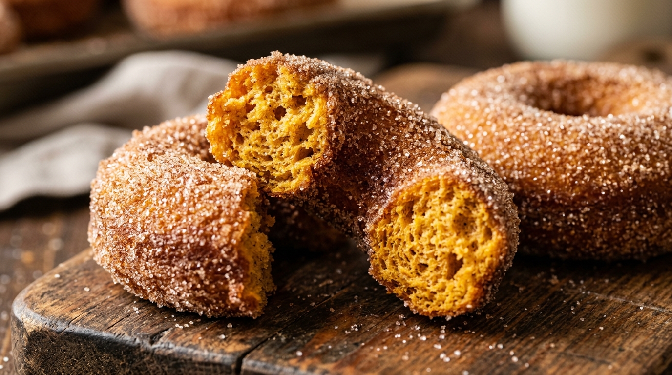 Ultra close-up macro of fluffy cinnamon sugar baked pumpkin donuts broken open showing tender spiced crumb