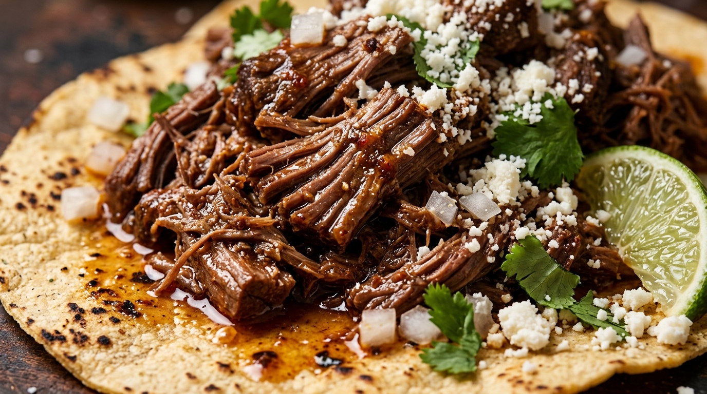 Ultra close-up macro food photography of tender slow cooked shredded halal beef barbacoa piled on warm corn tortillas