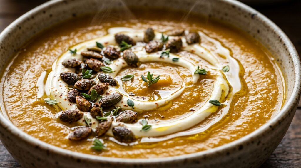 Ultra close-up macro of velvety creamy roasted butternut squash soup with cream swirl and crunchy pepitas