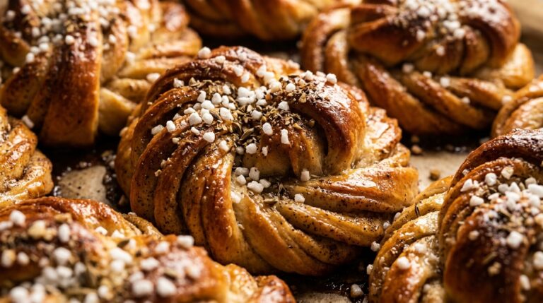 Ultra close-up macro food photography of fresh baked Swedish twisted cardamom buns kardemummabullar with pearl sugar