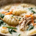 Ultra close-up macro of creamy Olive Garden-style chicken gnocchi soup with tender chicken, pillowy potato gnocchi, spinach, and parmesan