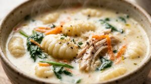 Ultra close-up macro of creamy Olive Garden-style chicken gnocchi soup with tender chicken, pillowy potato gnocchi, spinach, and parmesan
