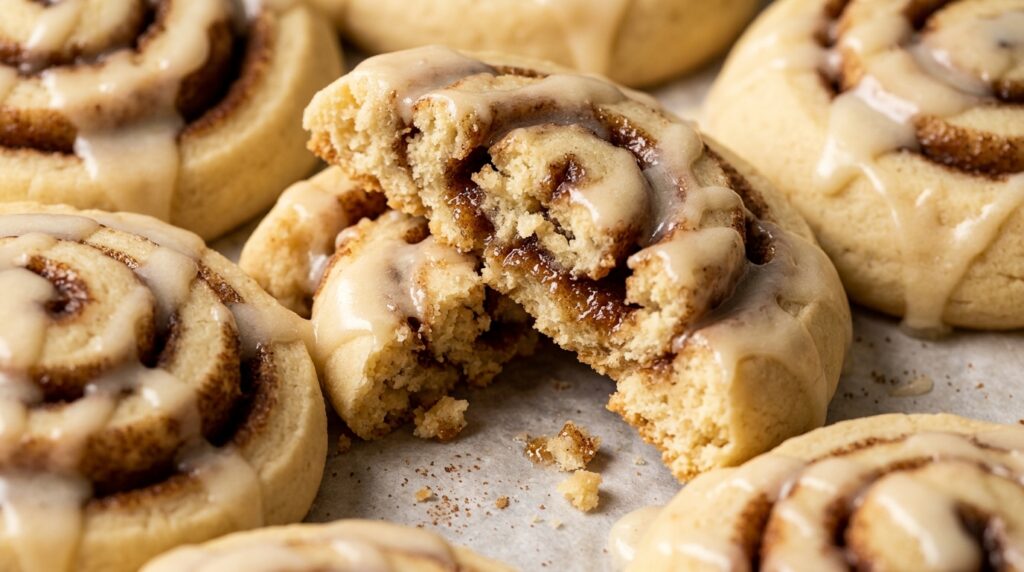 Ultra close-up macro of bakery-style cinnamon roll cookie broken in half showing tender crumb, gooey cinnamon sugar spiral swirl, and cream cheese icing drizzle