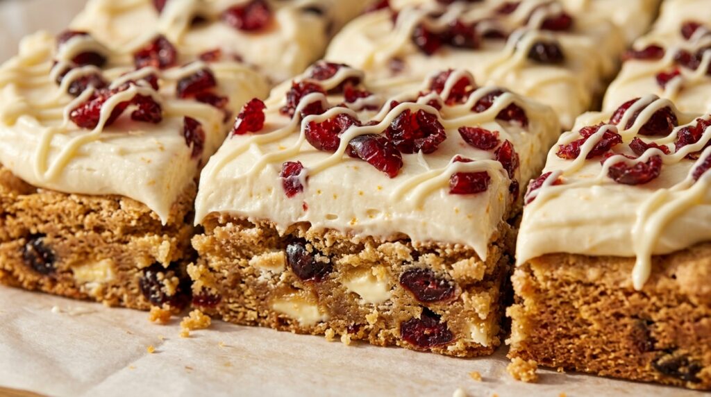 Ultra close-up macro of sliced festive cranberry bliss bars with white chocolate drizzle and orange cream cheese frosting