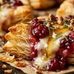 Ultra close-up macro of flaky golden puff pastry cranberry brie tartlets oozing with melted brie, ruby cranberry sauce, and fresh rosemary