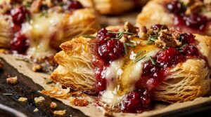 Ultra close-up macro of flaky golden puff pastry cranberry brie tartlets oozing with melted brie, ruby cranberry sauce, and fresh rosemary