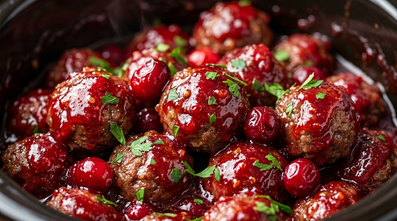 Ultra close-up macro of slow cooker cranberry cocktail meatballs glistening in thick ruby-red chili glaze