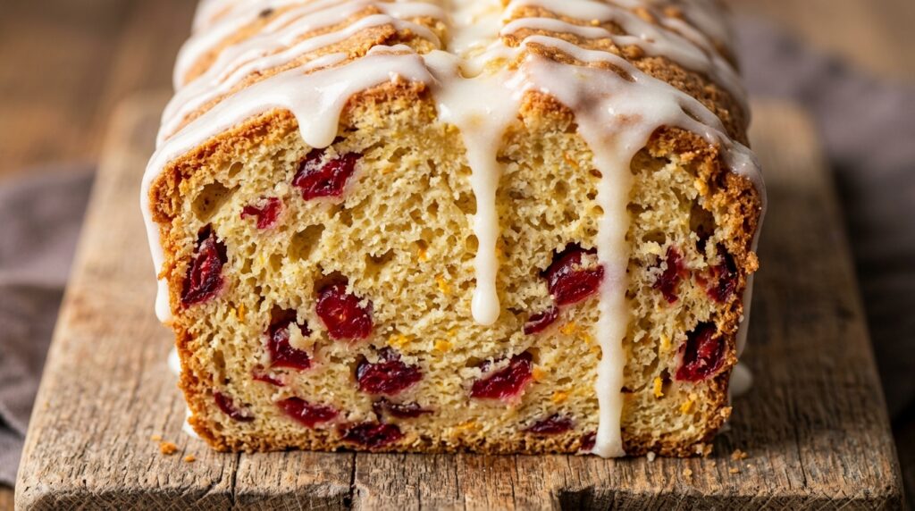 Ultra close-up macro of a thick slice of moist cranberry orange bread drizzled with sweet citrus glaze