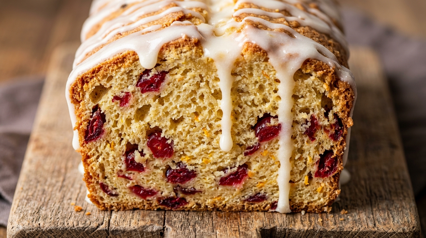Ultra close-up macro of a thick slice of moist cranberry orange bread drizzled with sweet citrus glaze