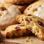 Ultra close-up macro of buttery cranberry orange shortbread cookie studded with ruby dried cranberries, fresh orange zest flecks, and dipped in glossy orange glaze