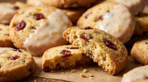 Ultra close-up macro of buttery cranberry orange shortbread cookie studded with ruby dried cranberries, fresh orange zest flecks, and dipped in glossy orange glaze