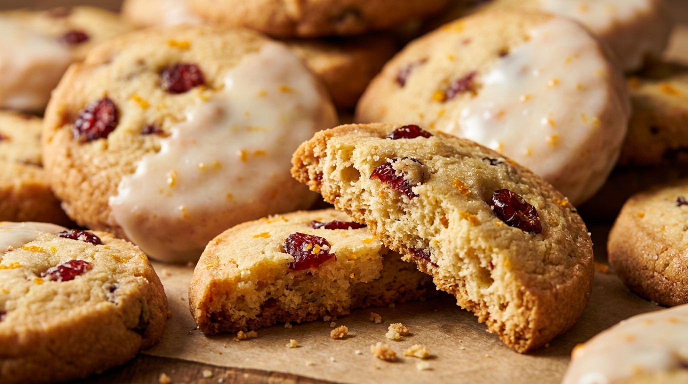 Ultra close-up macro of buttery cranberry orange shortbread cookie studded with ruby dried cranberries, fresh orange zest flecks, and dipped in glossy orange glaze