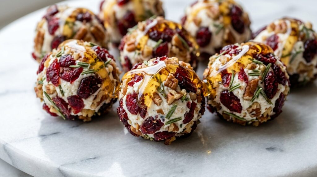 Ultra close-up macro of creamy cranberry pecan goat cheese bites rolled in ruby cranberries, toasted pecans, and fresh rosemary with honey drizzle