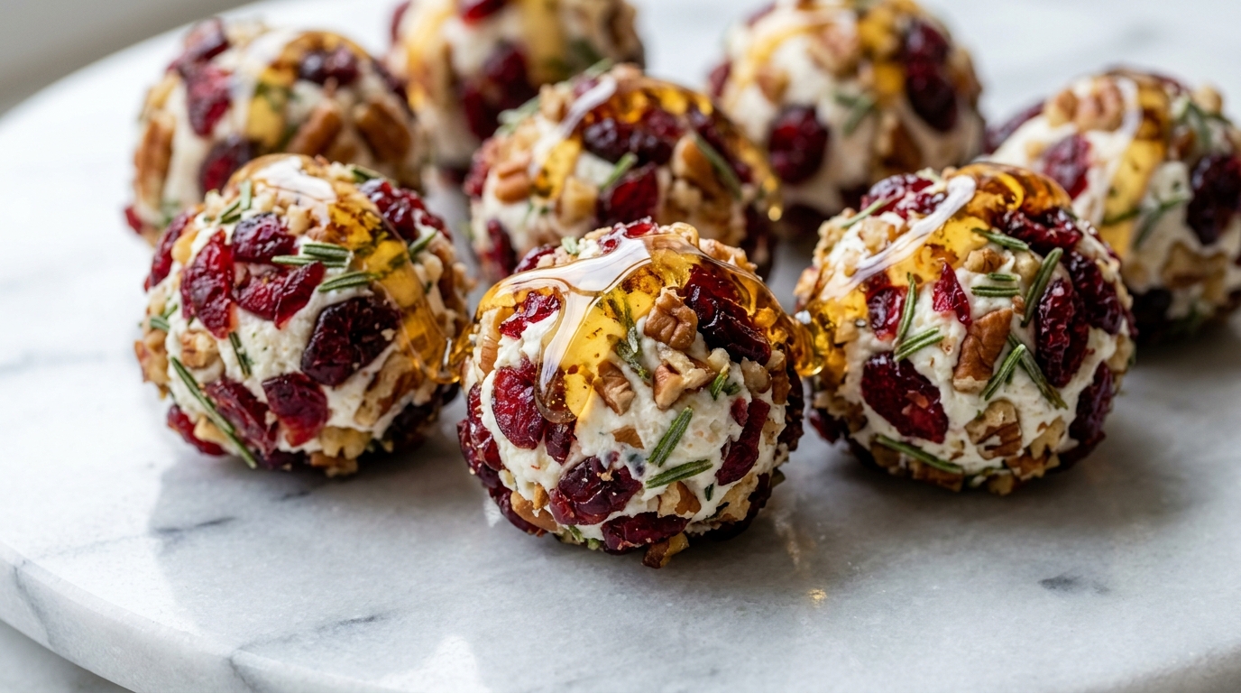 Ultra close-up macro of creamy cranberry pecan goat cheese bites rolled in ruby cranberries, toasted pecans, and fresh rosemary with honey drizzle