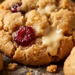 Ultra close-up macro food photography of thick soft chewy white chocolate cranberry cookies with melting chips