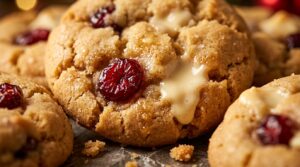 Ultra close-up macro food photography of thick soft chewy white chocolate cranberry cookies with melting chips