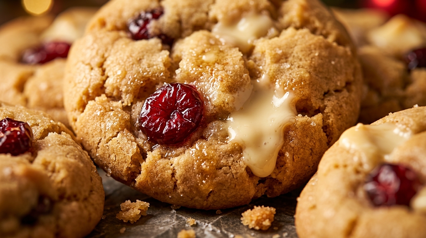 Ultra close-up macro food photography of thick soft chewy white chocolate cranberry cookies with melting chips