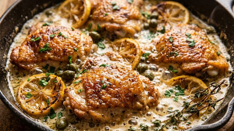 Ultra close-up macro food photography of golden crispy skin chicken thighs in creamy lemon garlic butter sauce