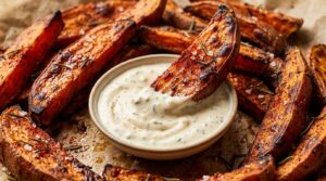 Ultra close-up macro food photography of crispy baked sweet potato wedges with blistered edges dipping in garlic aioli
