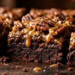 Ultra close-up macro food photography of thick fudgy chocolate pecan pie brownies with gooey caramelized brown sugar pecan topping