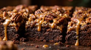 Ultra close-up macro food photography of thick fudgy chocolate pecan pie brownies with gooey caramelized brown sugar pecan topping