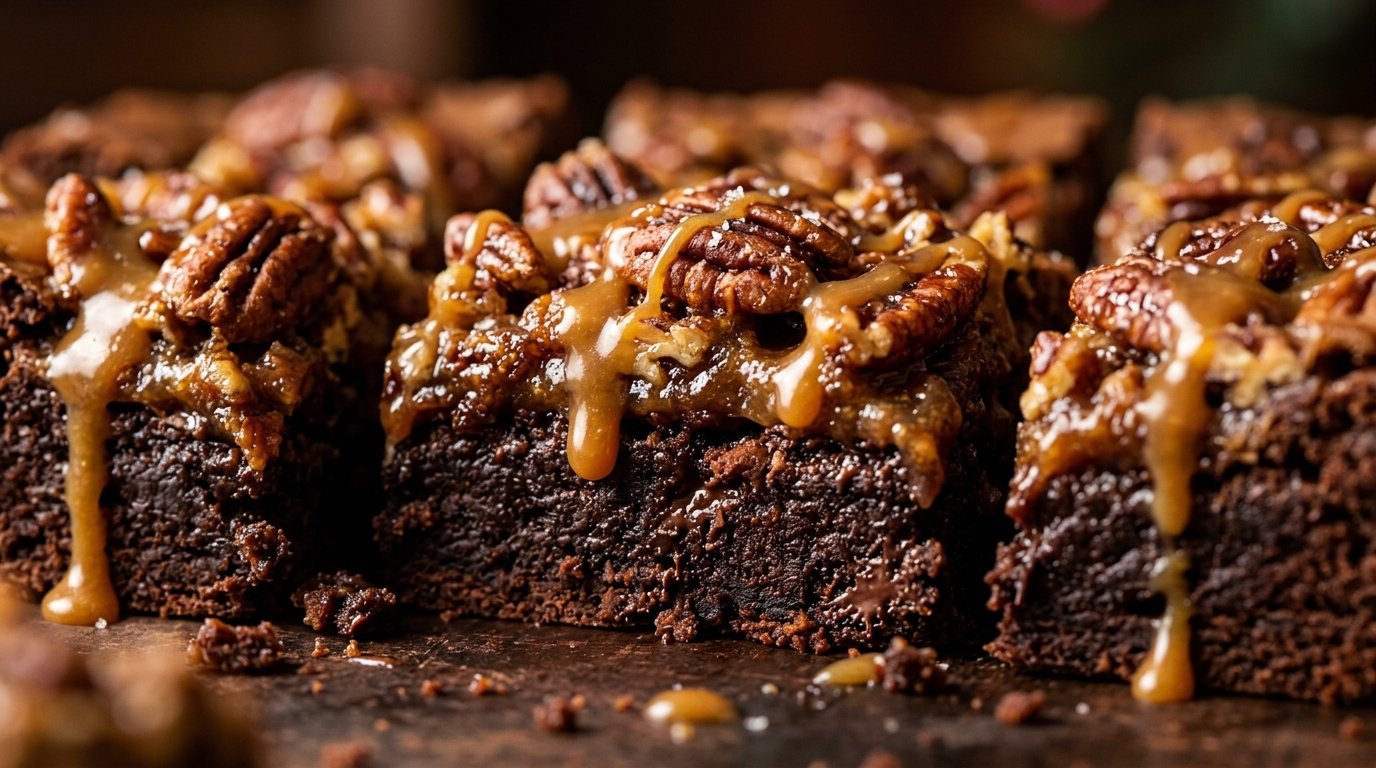 Ultra close-up macro food photography of thick fudgy chocolate pecan pie brownies with gooey caramelized brown sugar pecan topping