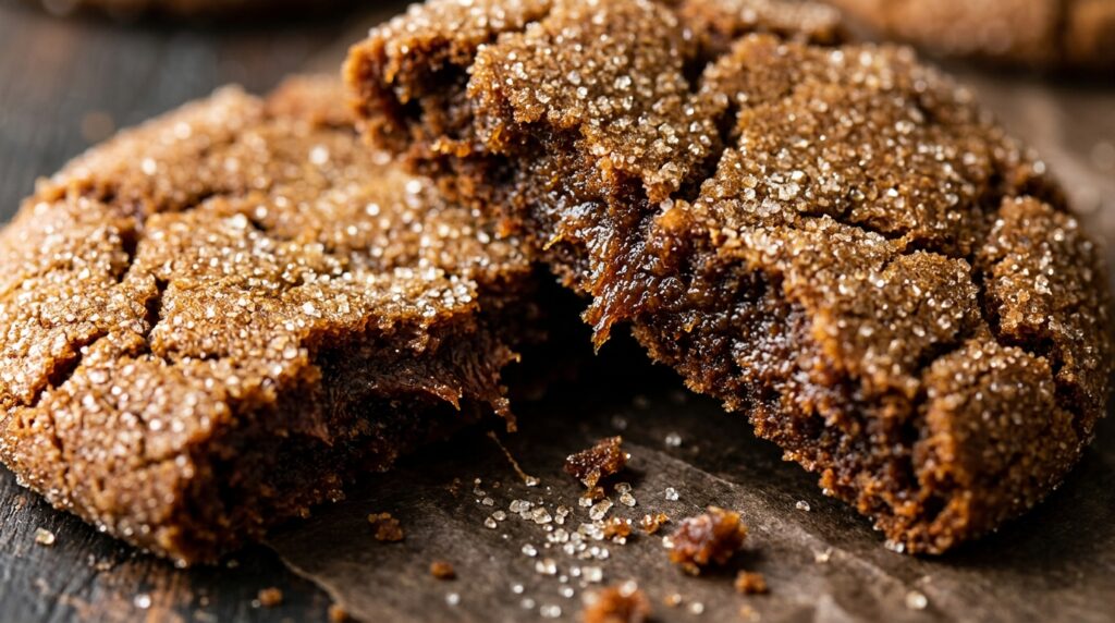 Ultra close-up macro of soft chewy ginger molasses cookies cracked in half showing moist spiced interior and coarse sugar crinkle