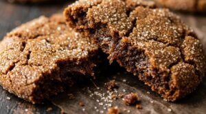 Ultra close-up macro of soft chewy ginger molasses cookies cracked in half showing moist spiced interior and coarse sugar crinkle