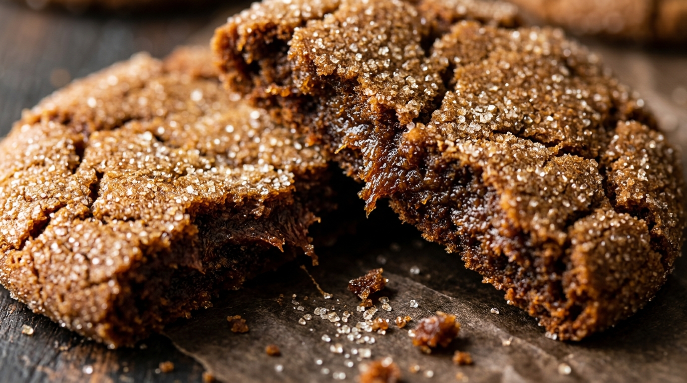 Ultra close-up macro of soft chewy ginger molasses cookies cracked in half showing moist spiced interior and coarse sugar crinkle