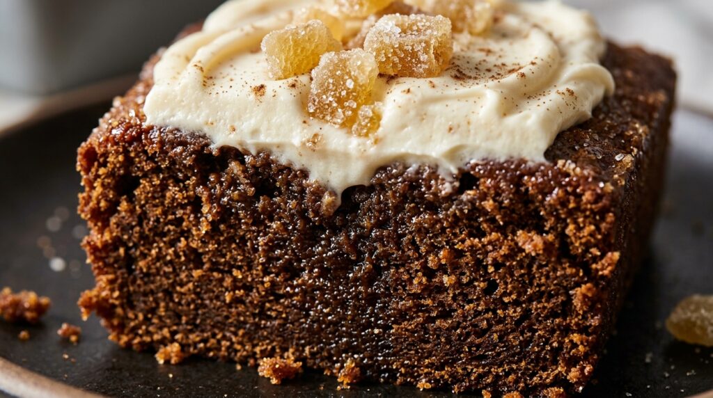 Ultra close-up macro of a slice of moist spiced dark gingerbread loaf cake with thick velvety cream cheese frosting swirl and candied ginger