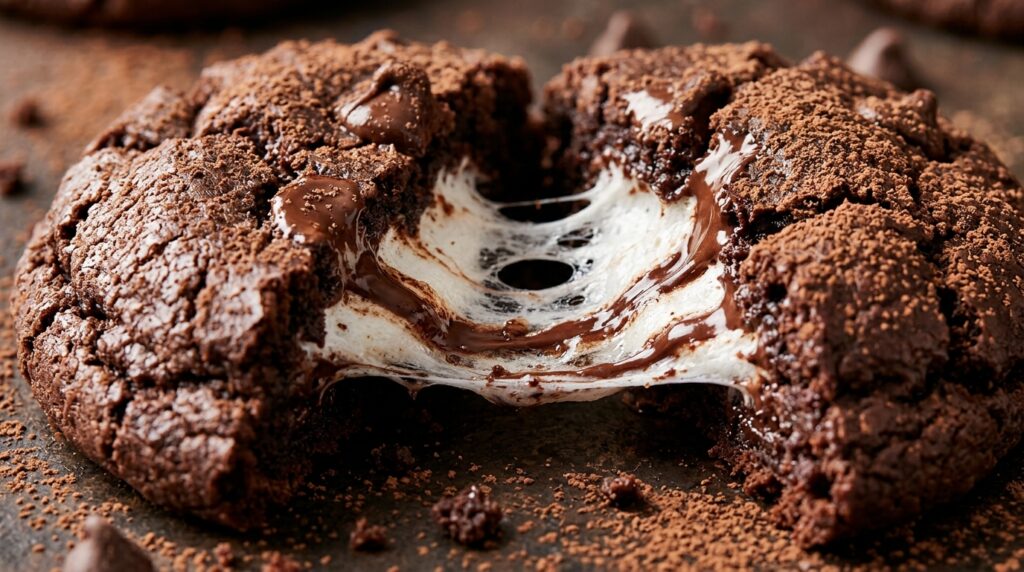 Ultra close-up macro of fudgy hot chocolate cookie split open showing melted gooey marshmallow stretch and molten chocolate chips