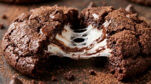 Ultra close-up macro of fudgy hot chocolate cookie split open showing melted gooey marshmallow stretch and molten chocolate chips