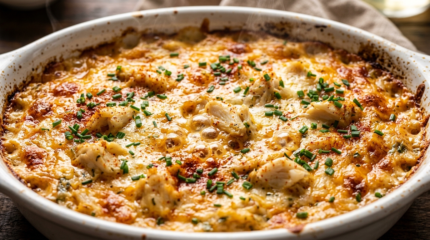 Ultra close-up macro of bubbling warm cheesy baked hot crab dip with golden melted cheddar crust and Old Bay seasoning