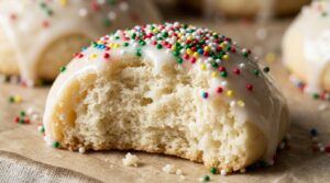 Ultra close-up macro of pillowy soft glazed Italian ricotta cookie split in half showing tender moist crumb and rainbow sprinkles