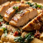 Ultra close-up macro food photography of golden seared halal chicken cutlets over rigatoni pasta in garlic parmesan sun-dried tomato cream sauce