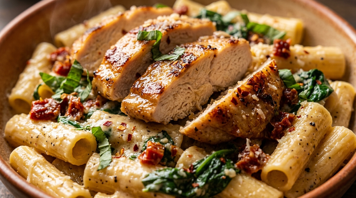 Ultra close-up macro food photography of golden seared halal chicken cutlets over rigatoni pasta in garlic parmesan sun-dried tomato cream sauce