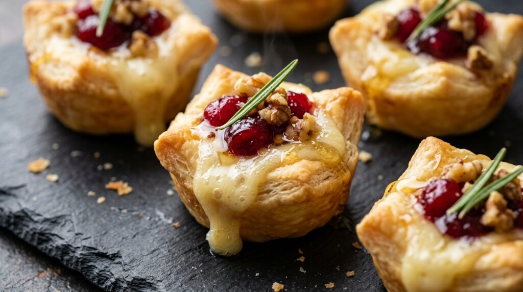 Ultra close-up macro of golden flaky mini baked brie bites overflowing with melted cheese, ruby cranberry sauce, walnuts, and honey