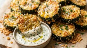 Ultra close-up macro food photography of golden crispy baked zucchini rounds crusted with panko and parmesan