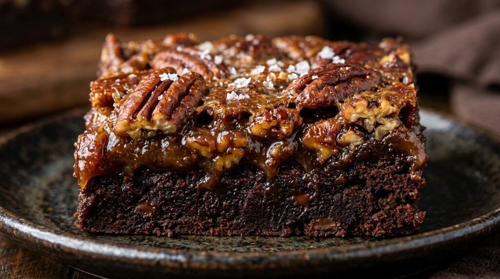 Ultra close-up macro of sliced rich fudgy pecan pie brownies showing dark chocolate base, gooey caramelized pecan topping, and flaky salt