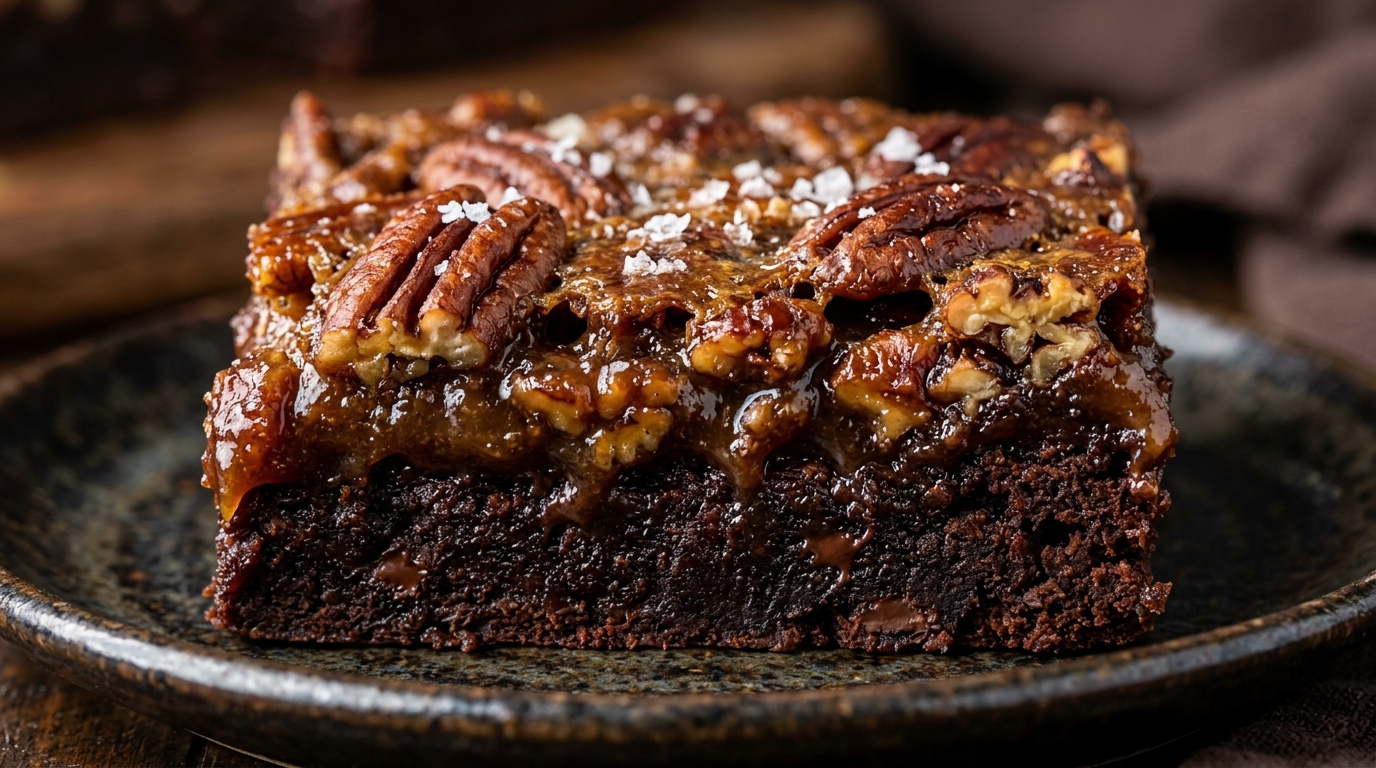 Ultra close-up macro of sliced rich fudgy pecan pie brownies showing dark chocolate base, gooey caramelized pecan topping, and flaky salt